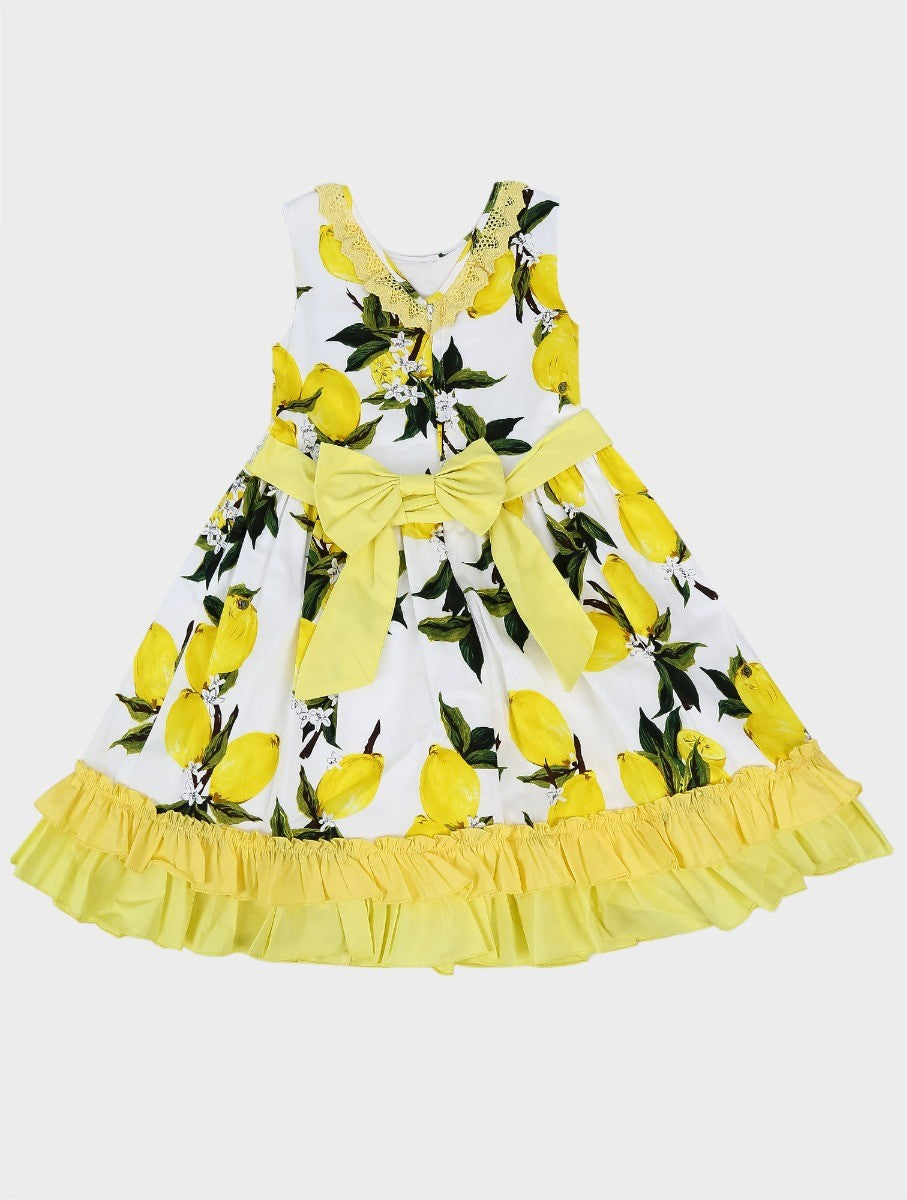 Girls Floral Sleeveless Lace Ruffles Dress - White and Yellow