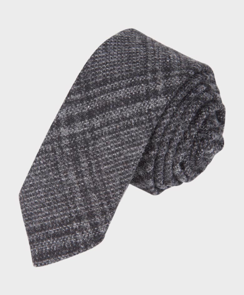 Boys Tweed Check Grey Tie and Hanky Set - Charcoal Grey