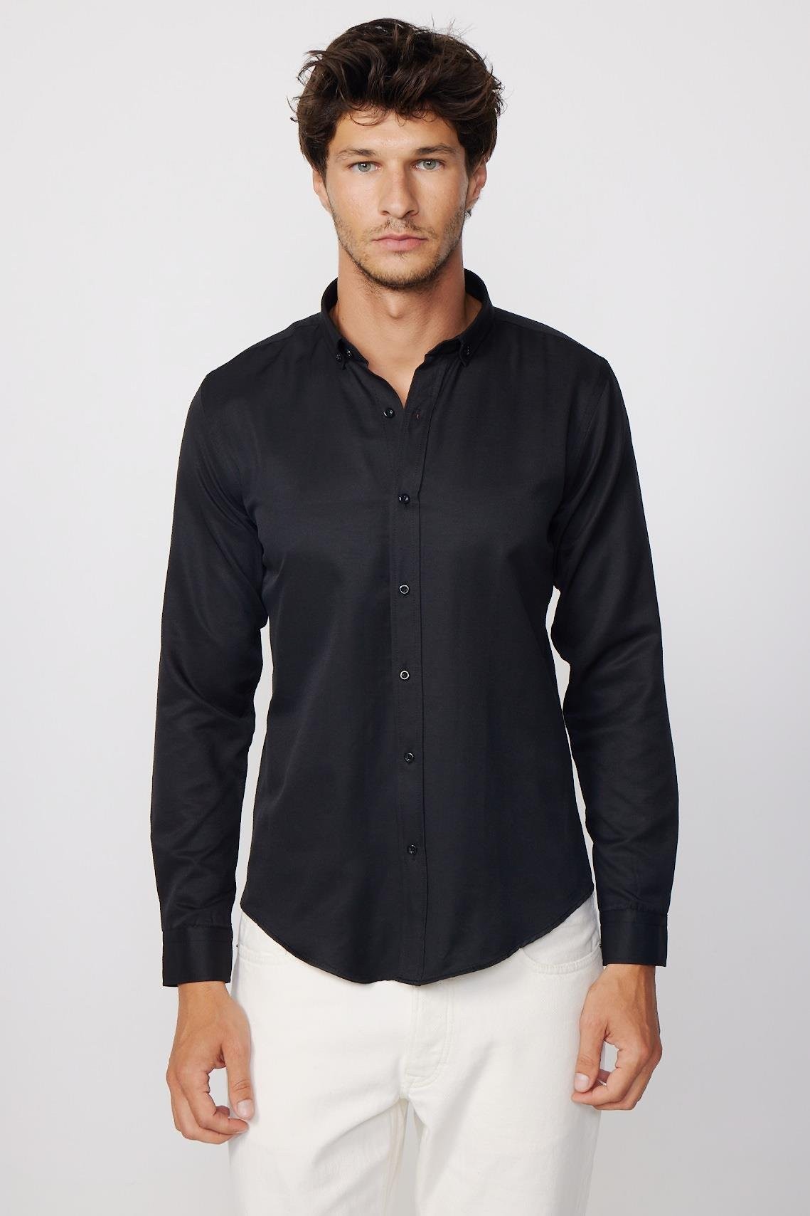 Men's Slim Fit Cotton Button-Down Oxford Shirt - GABARDIN - Black