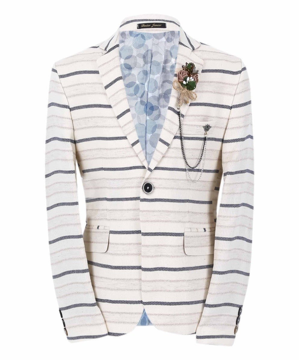 Boys Slim Fit Striped Blazer - Beige - Navy Blue