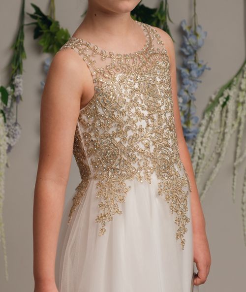 Girls' Ivory/Gold Lace Beaded Dress - LINZI - Gold