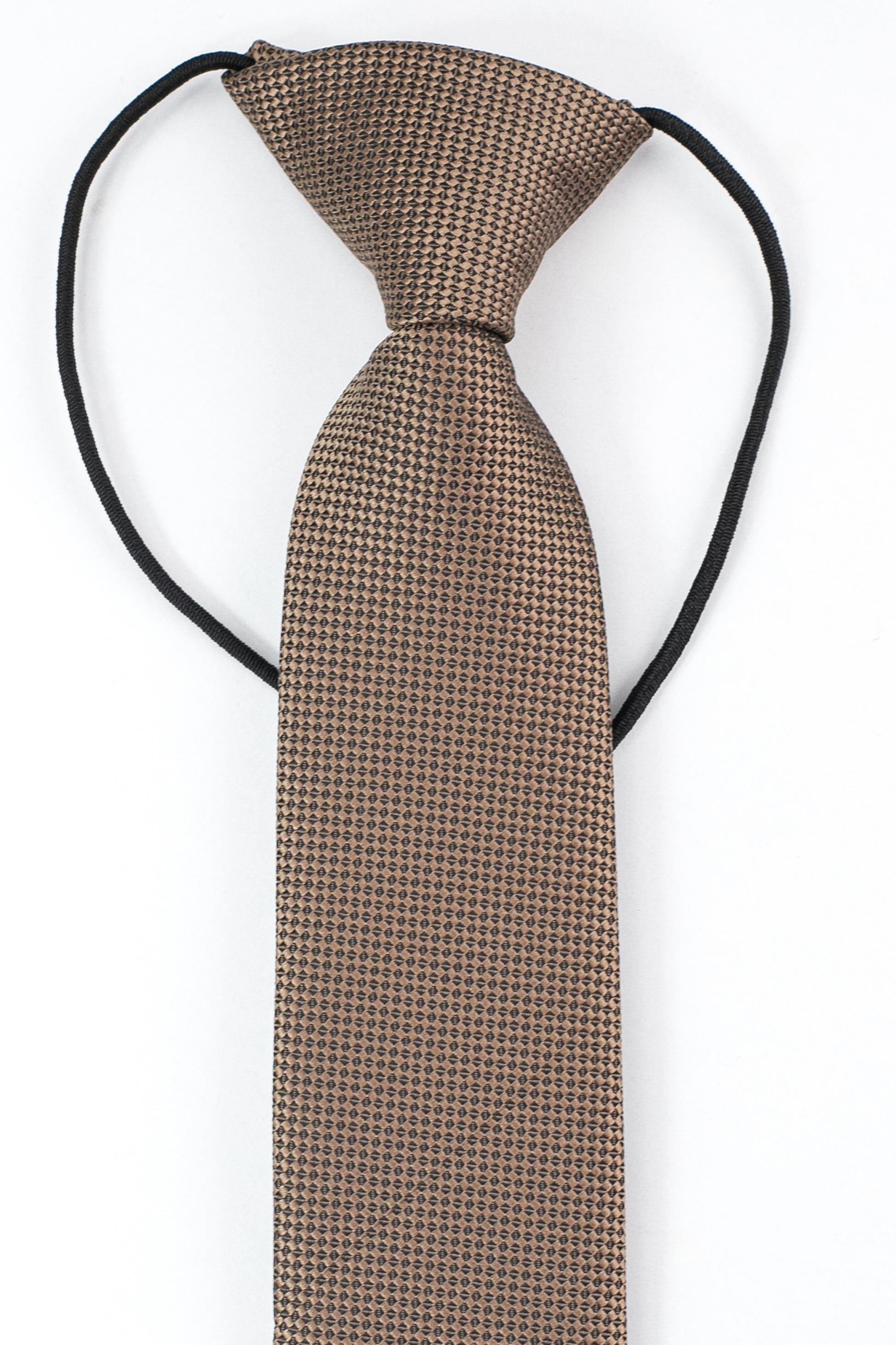 Boys’ Jacquard Tie & Hanky Set with Elastic Strap - Taupe Brown