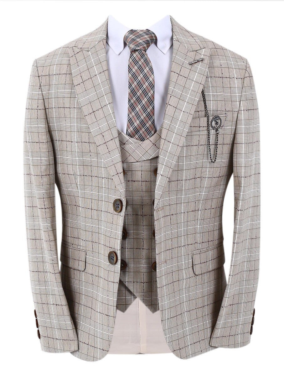 Boys Retro Check Slim Fit Suit - Beige