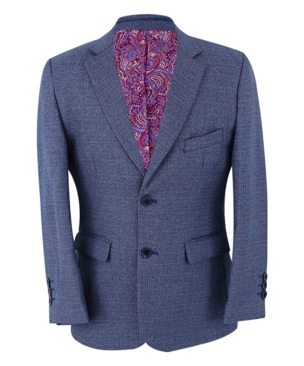 Boys Textured Tailored Fit Blue Suit - LONDON - Mid-Denim Blue