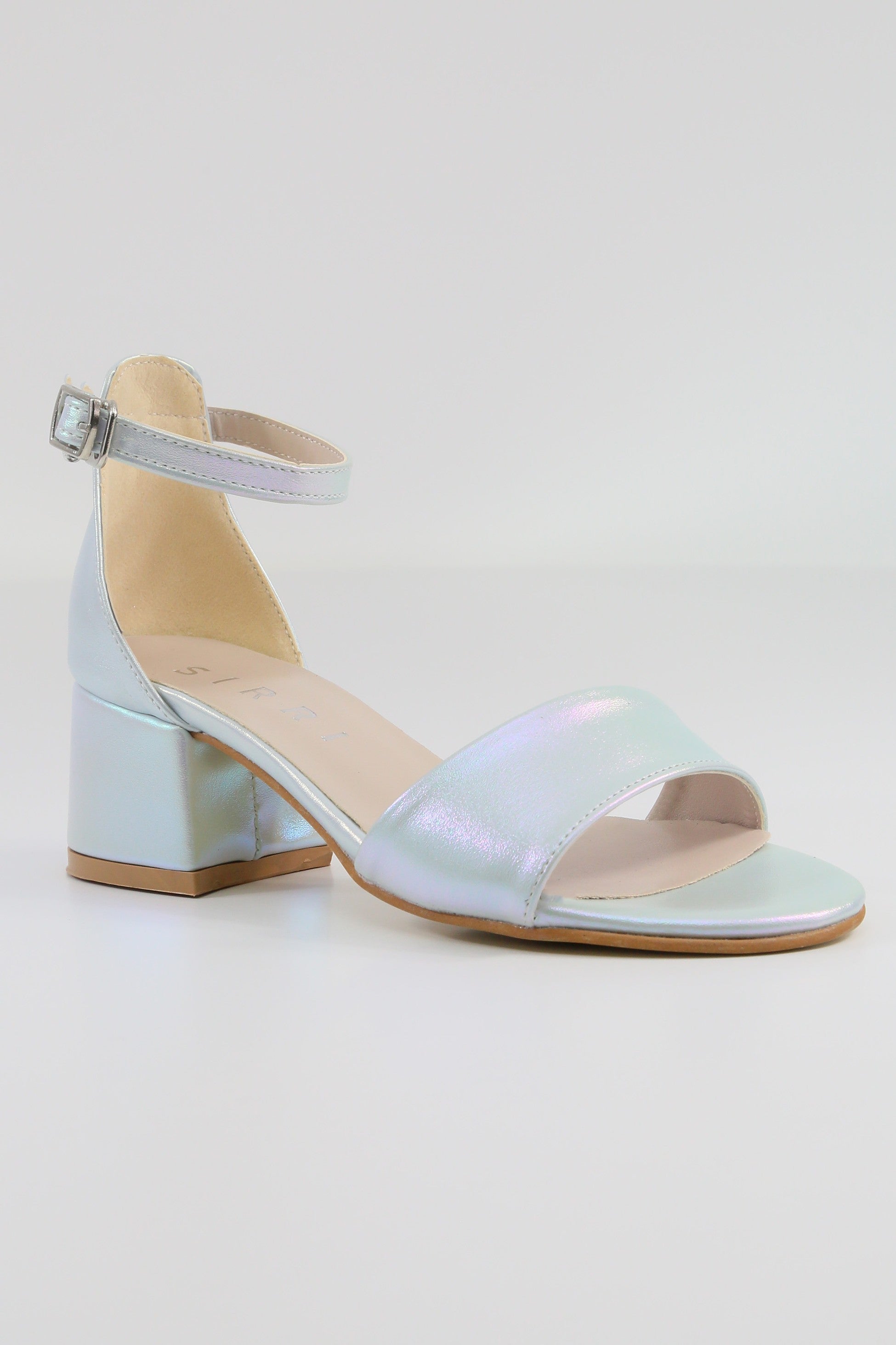 Girls Ankle-Strap Iridescent Block Heels Sandals - GRACE - Silver