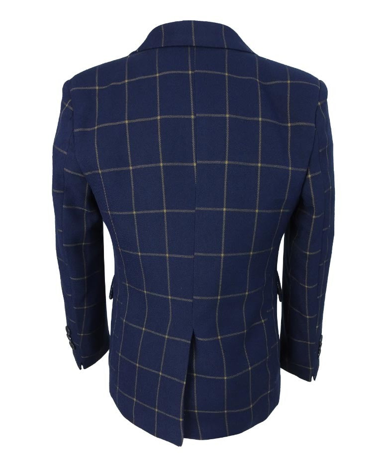 Boys Windowpane Check Suit Set - Navy Blue - Gold