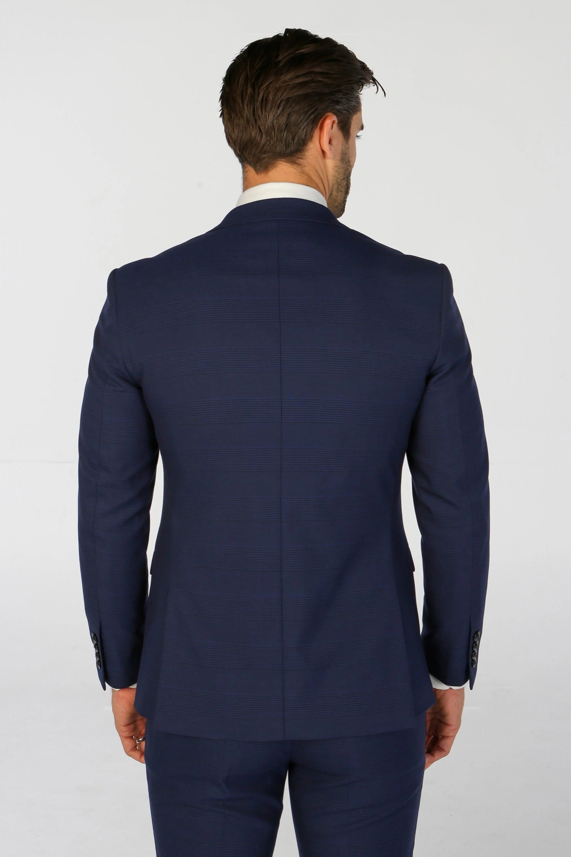 Men's Tailored Fit Navy Blue Check Suit - MARK - Navy Blue