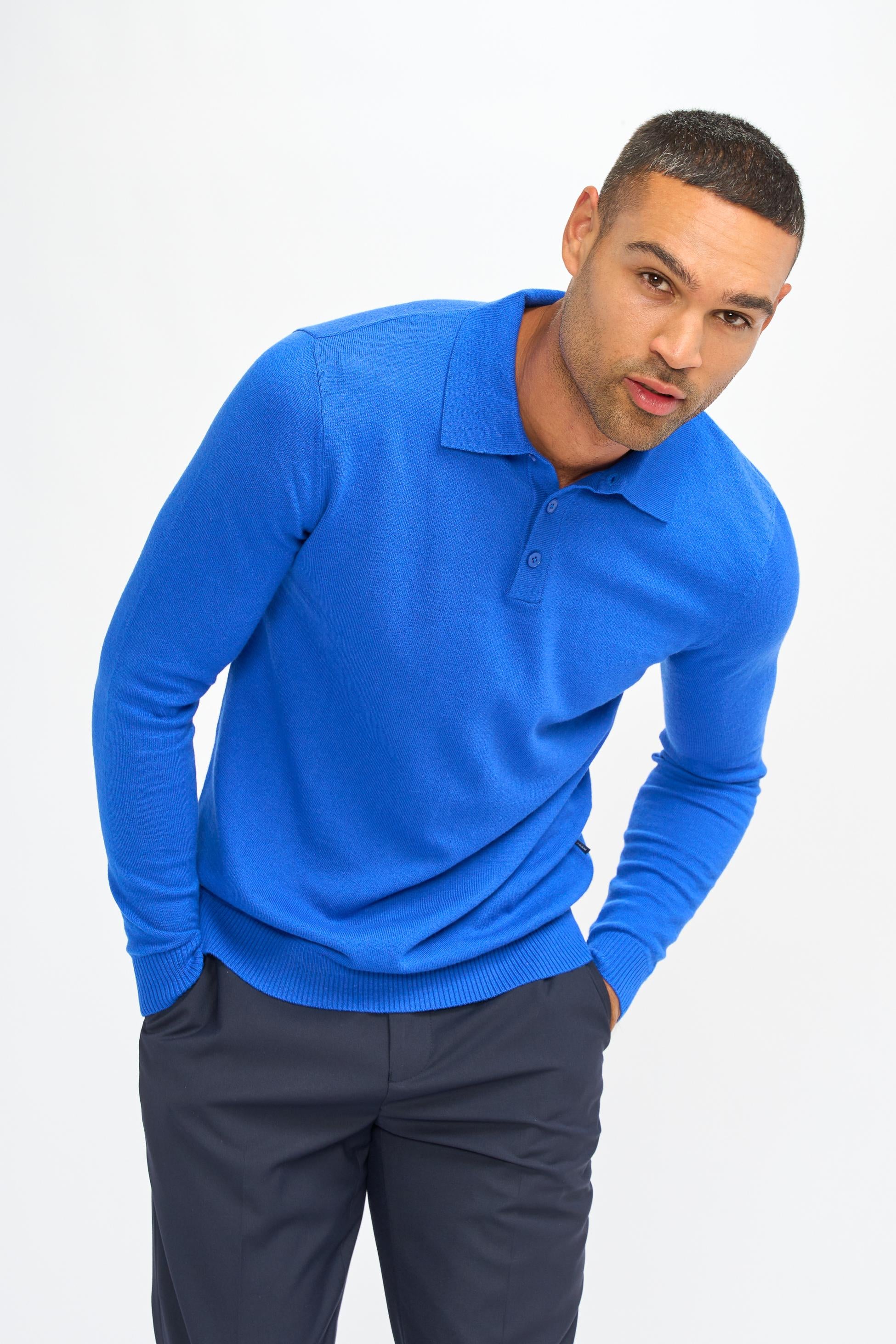 Men’s Wool Knit Long Sleeve Polo Shirt - Boom - Electirc Blue