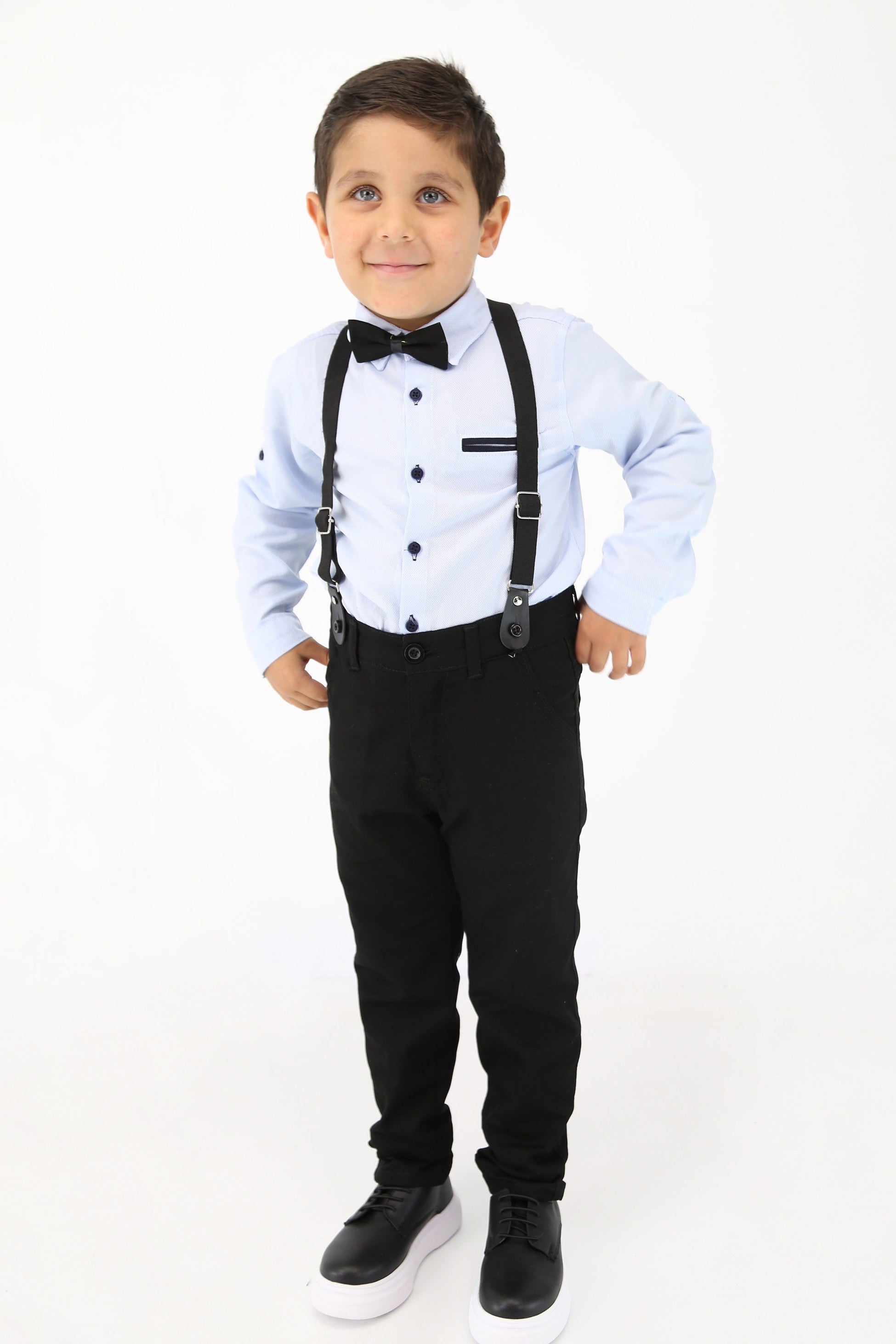 Baby & Boy Gentleman Outfit - 4 Piece Suspenders Pant Suit Set - OXFORD - Light Blue - Navy Blue