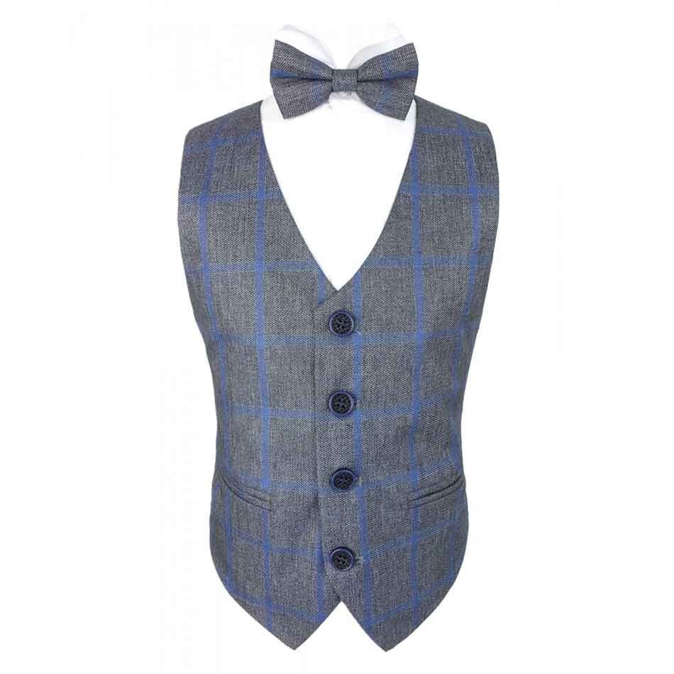 Boys Check Tweed Bow Tie Set - Grey - Blue