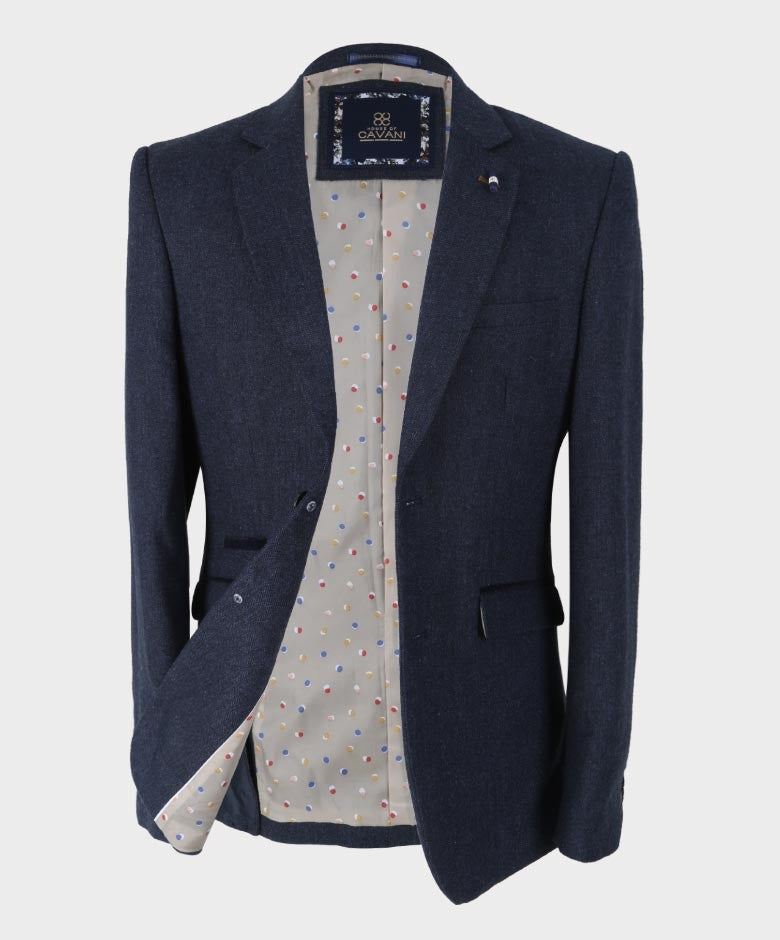 Men's Herringbone Tweed Slim Fit Suit Jacket - MARTEZ - Navy Blue