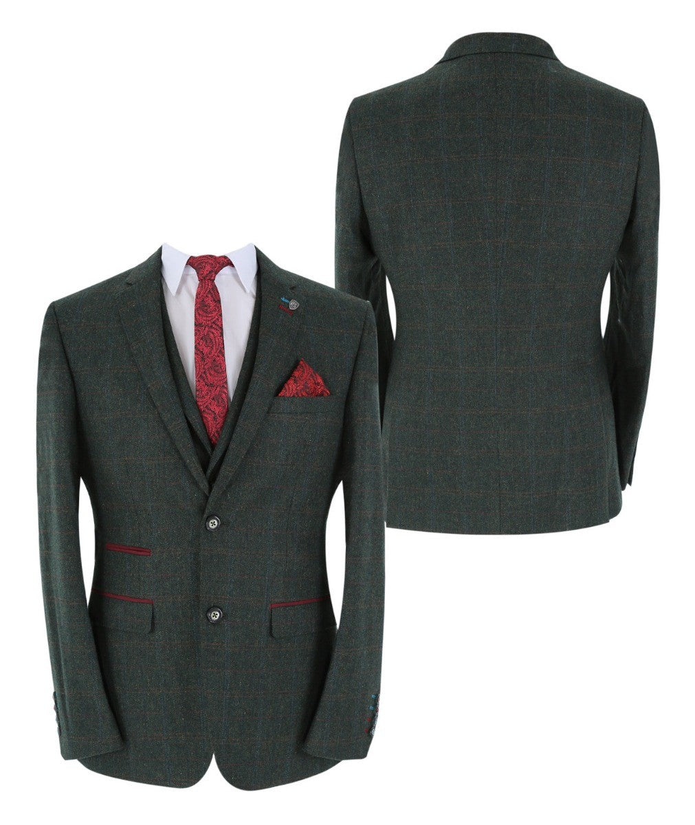 Men's Tweed Check Tailored Fit Suit - JOSHUA Green - Dark Green