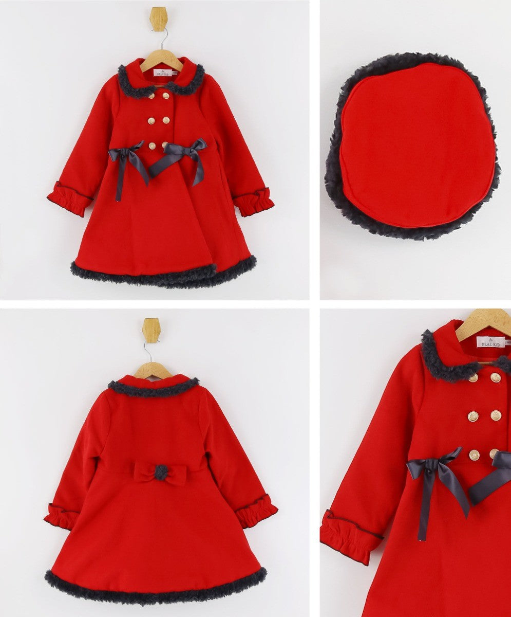 Girls Double-breasted Mid-Length Felted Wool Coat Set - Red