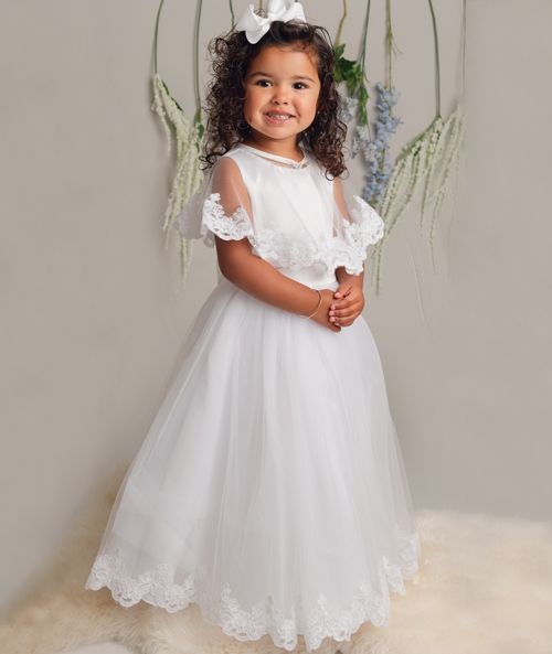 Flower Girl Long Dress with a Tulle Cape – CLAIRE - White