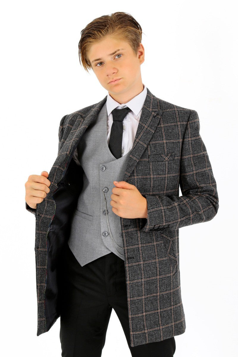 Boys Wool Tweed Check Midi Coat - FAUNUS - Dark Grey