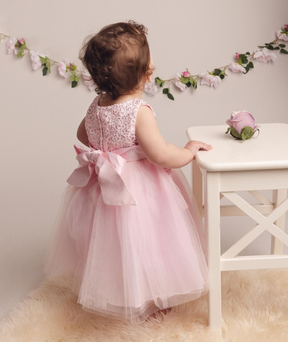 Baby Girls Dress with Floral Bodice & Bow - PC-1025 - Pink