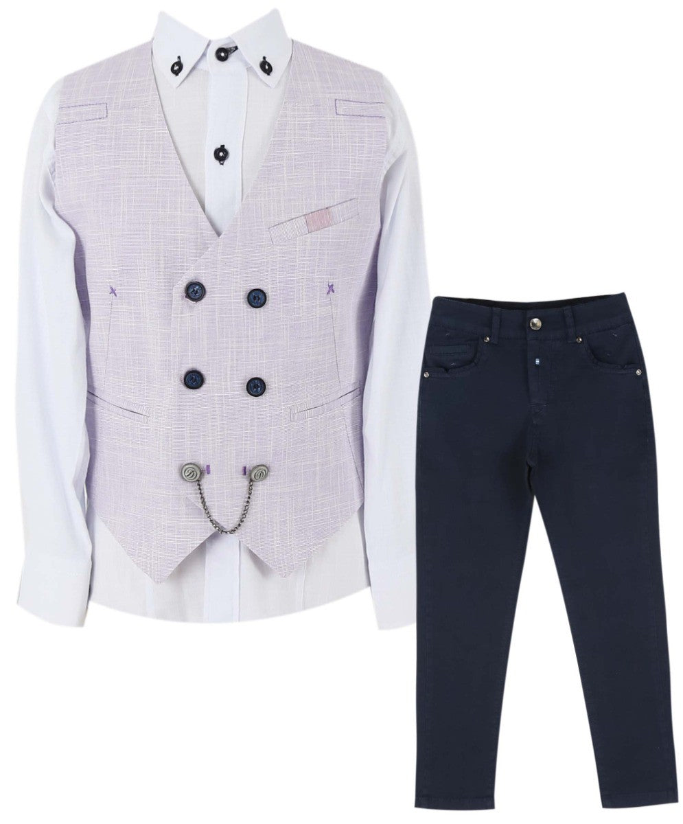 Boys Self Patterned Double-Breasted Linen Waistcoat Suit Set - Lilac