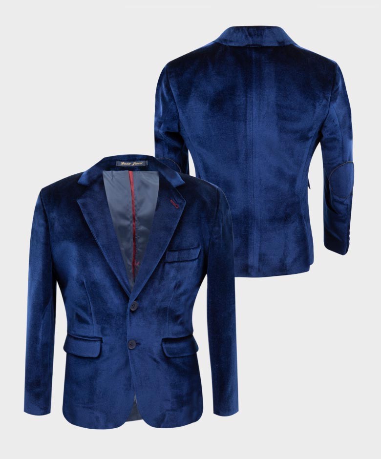 Boys Tailored Fit Velvet Blazer with Elbow Patches - Navy Blue