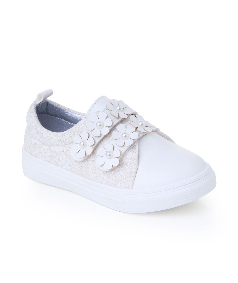 Girls' Cream Pearl Flower Velcro Sneakers - FINLEY - Cream - Ivory