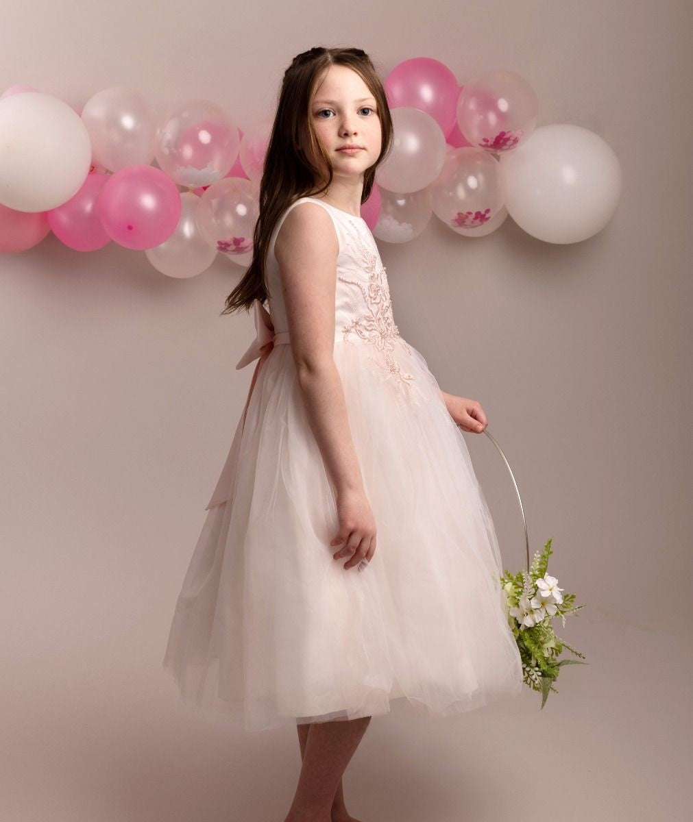 Girls Floral Embroidered Dress with Tulle Skirt - NYRA - Blush Pink