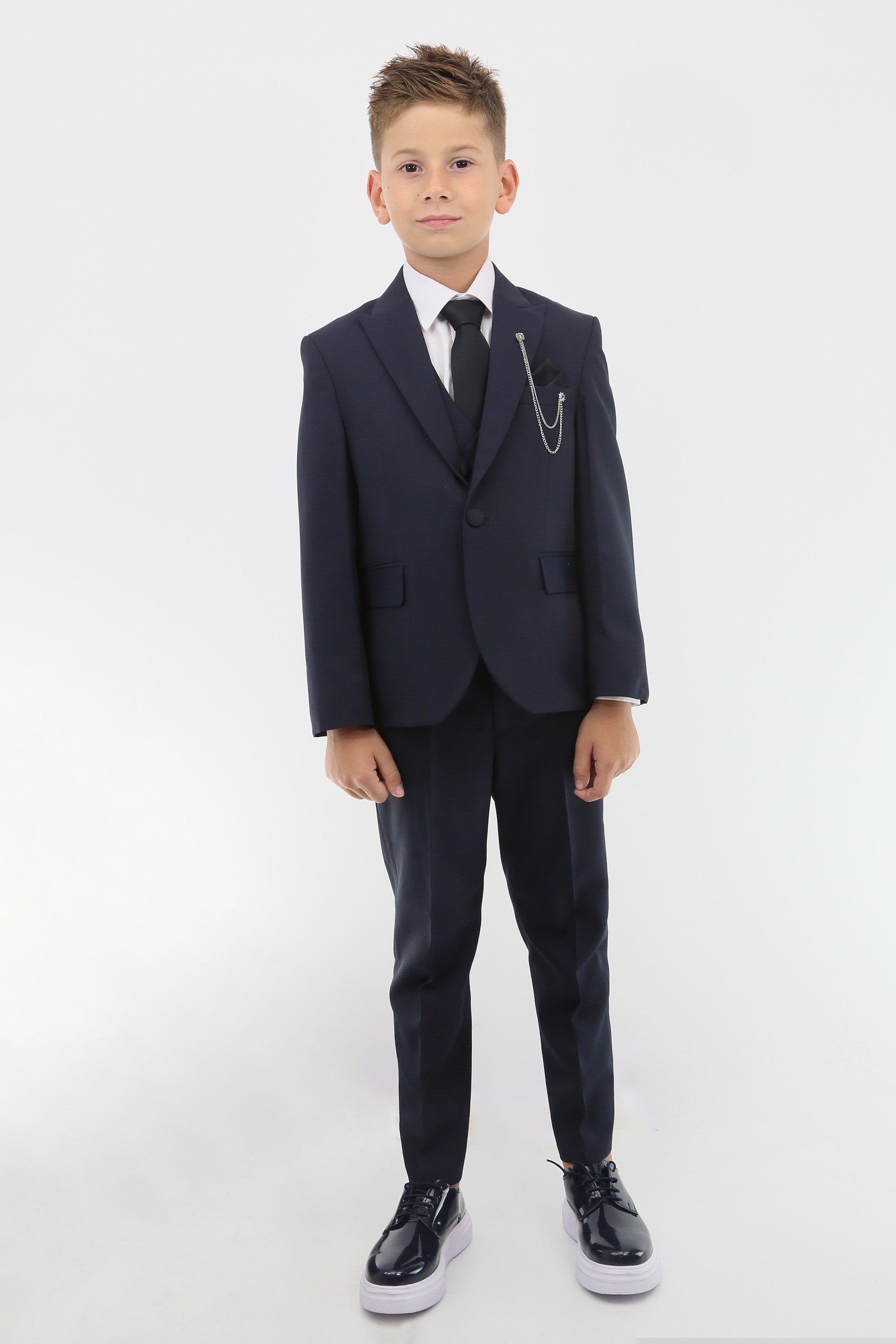 Boys Suit with Double Breasted Vest 7 PC Set - Navy Blue