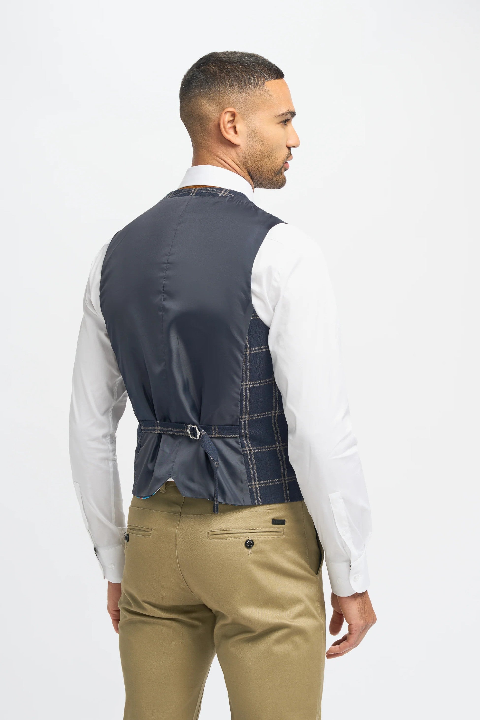 Men's Navy Blue Hardy Check Suit Jacket and Double-Breasted Waistcoat with Casual Stone Beige Cotton Chino Trousers - Navy Blue - Stone Beige