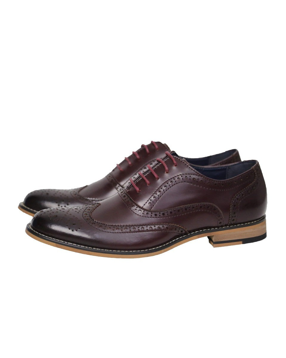 Men's Lace Up Leather Brogue Shoes - OXFORD - Wine