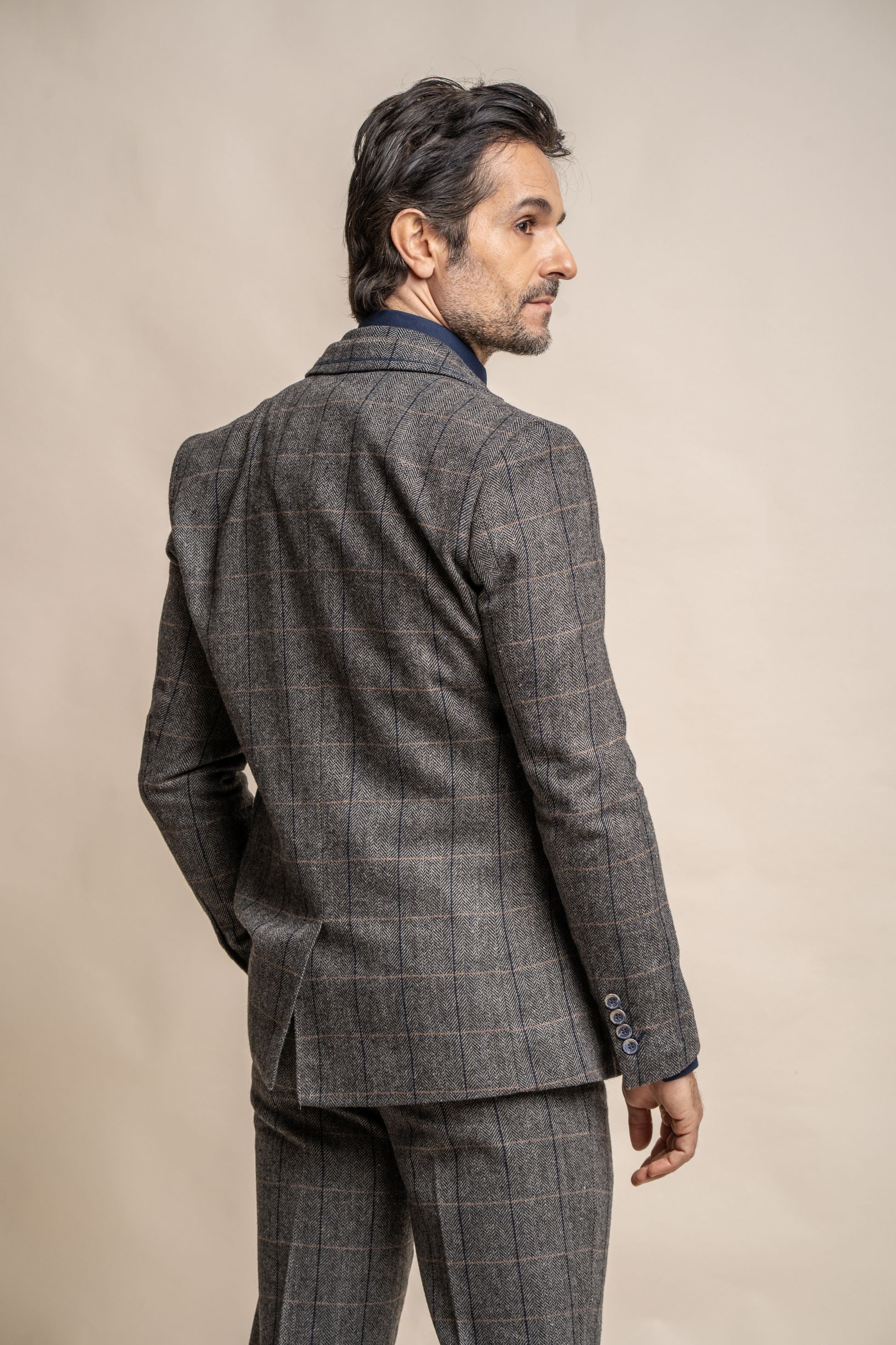 Men's Wool Blend Herringbone Check Suit Jacket - Albert - Grey