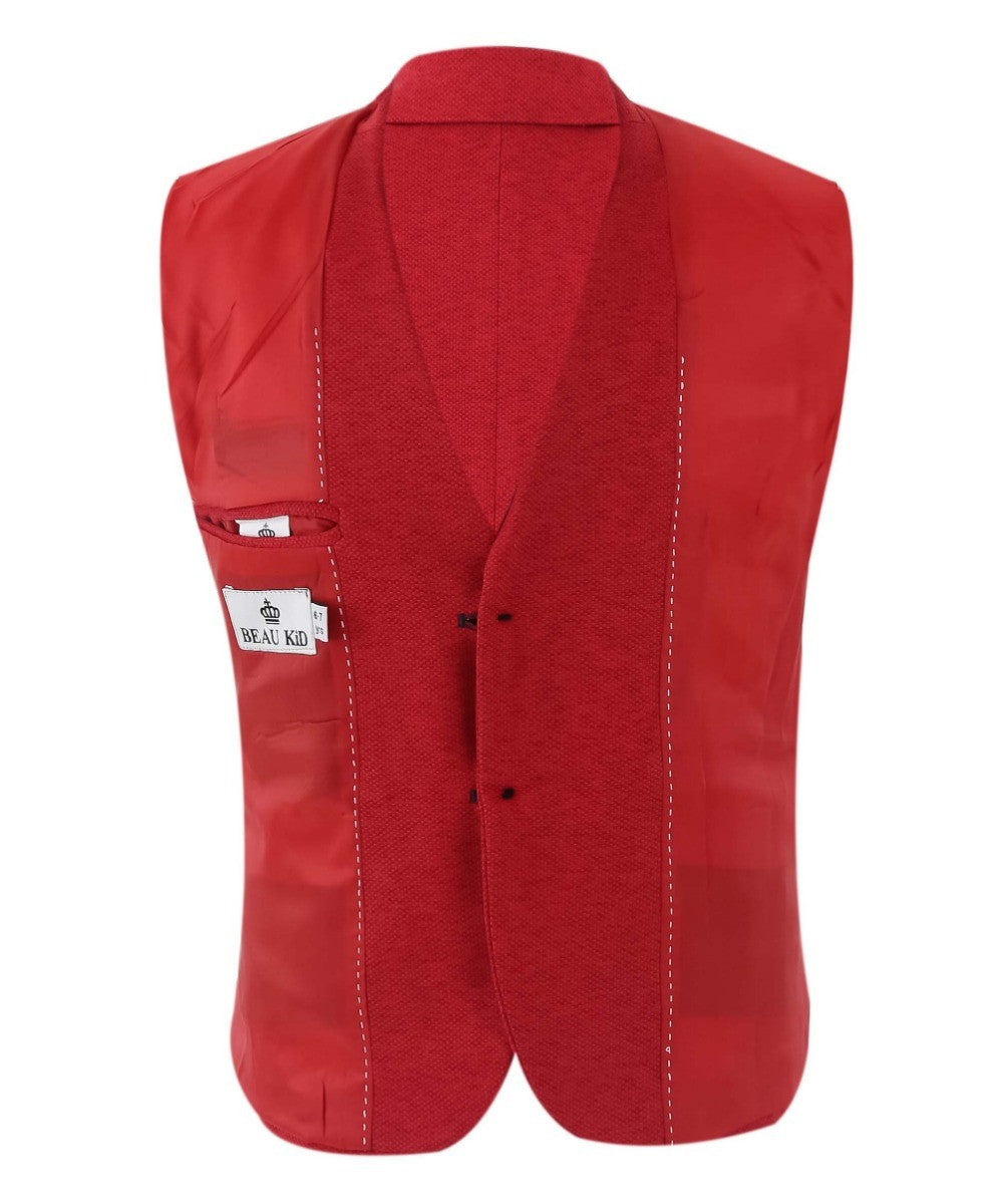 Boys Slim Fit Suit With Tartar check Waistcoat Set - Red