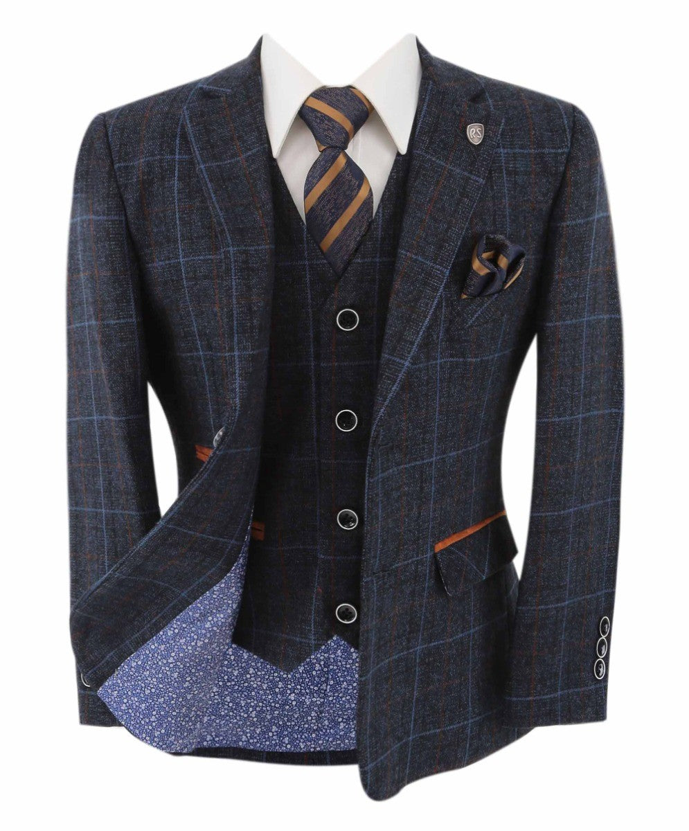 Boys Tailored Fit Retro Check Suit - ANTHONY NAVY - Navy Blue