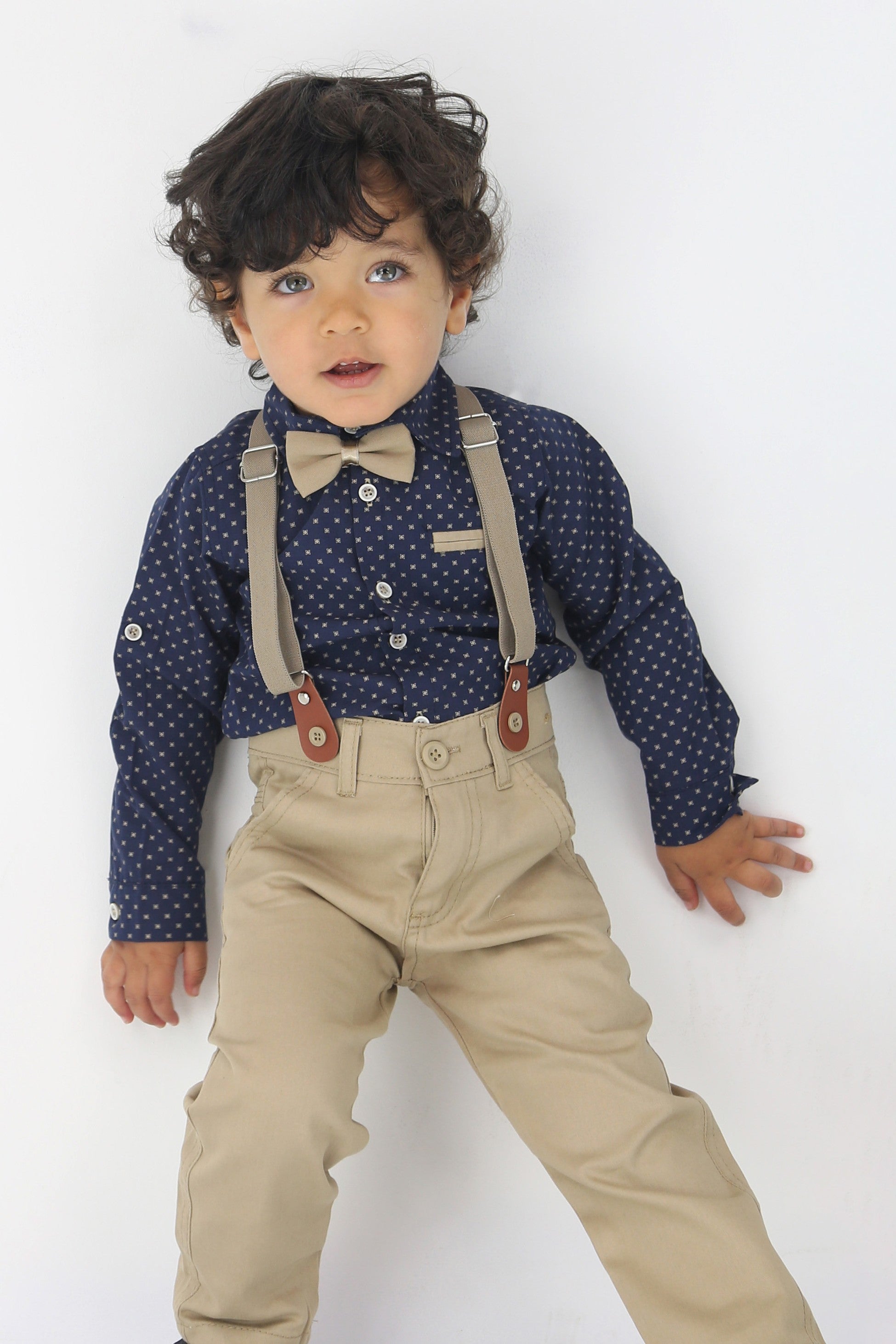 Baby & Boys Gentleman Outfit - 4 PC Suspenders Pant Suit Set - KELEBEK - Navy - Beige