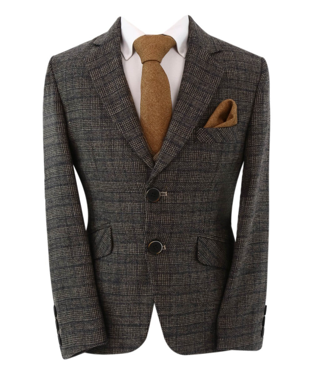 Boys Tweed Herringbone Blazer and Waistcoat Suit Set - Dark Brown