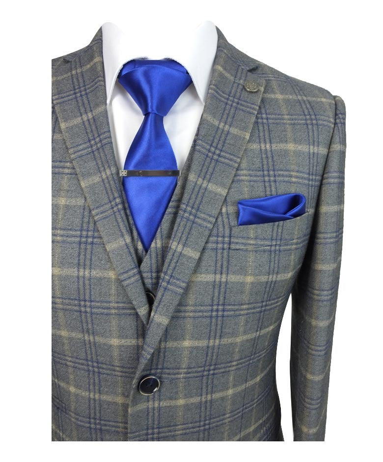 Men's Tailored Fit Retro Check Suit - KENNETH - Grey - Gold