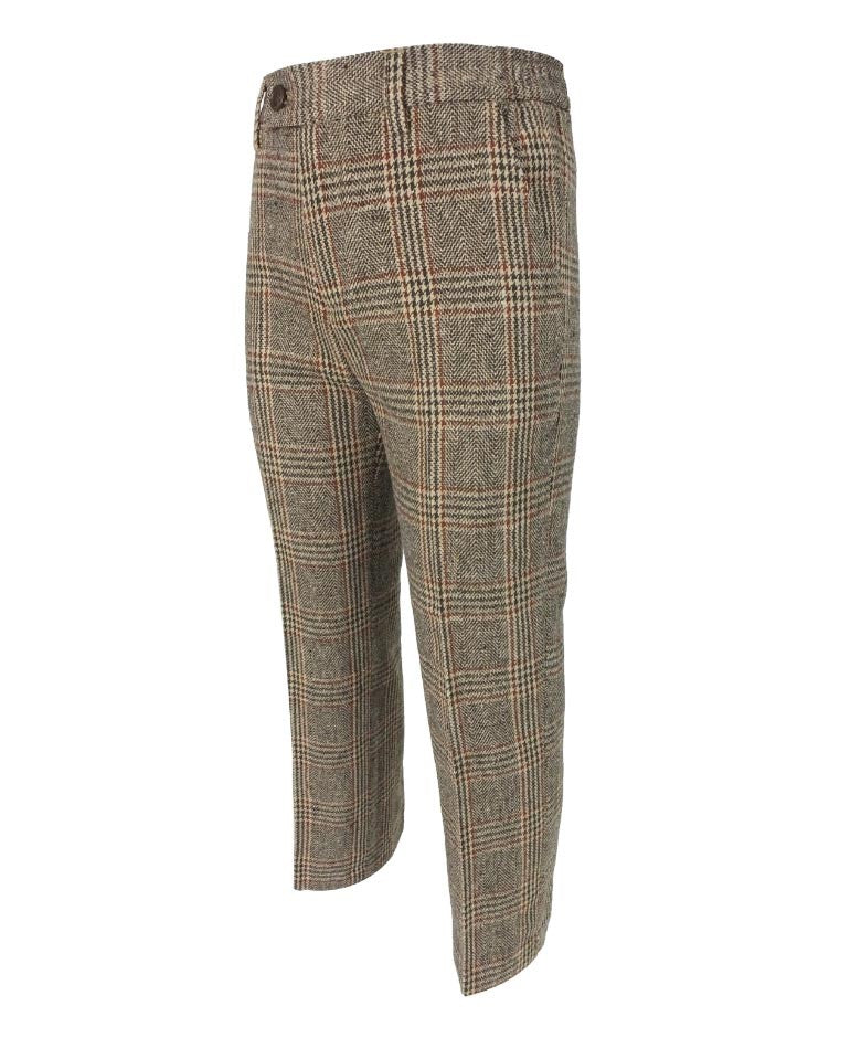 Boys Herringbone Tweed Check Suit with Elbow Patches - LUCAS - Brown - Burgundy