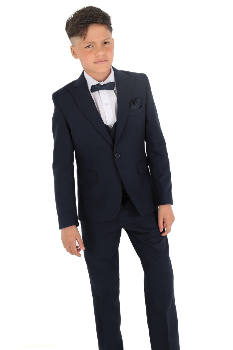 Boys Slim Fit Herringbone 8 Piece Suit Set - KING - Navy Blue