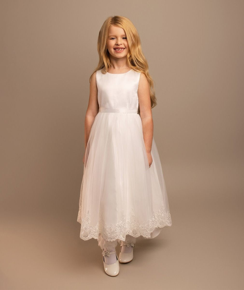 Girls’ Ivory Tulle Dress with Lace Trims & Bow - India - Ivory