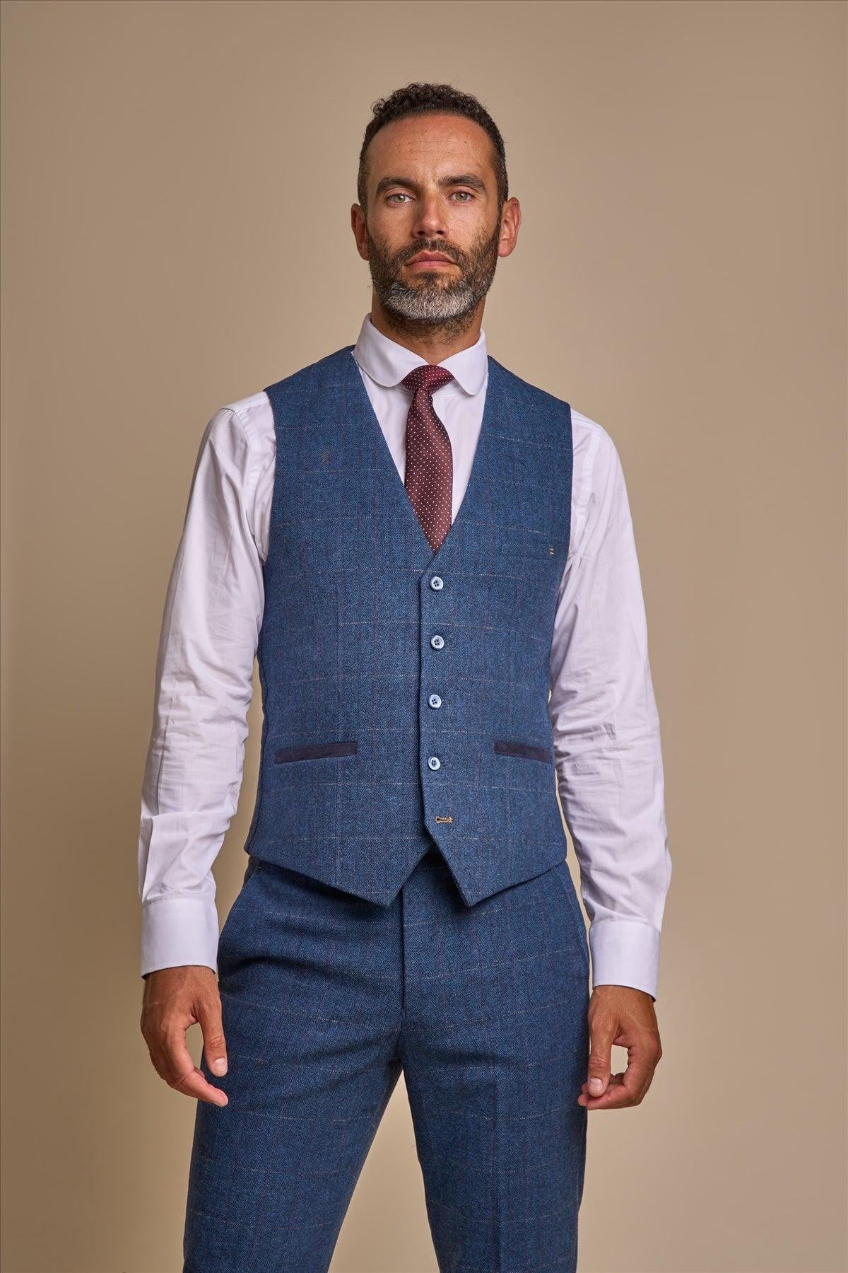 Men's Slim Fit Herringbone Tweed Suit Waistcoat - CARNEGI - Blue