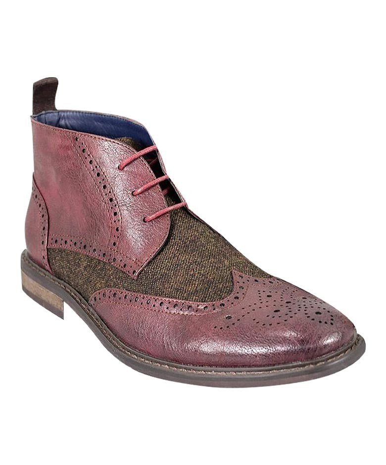 Men's Tweed Brogue Ankle Boots - CURTIS - Wine