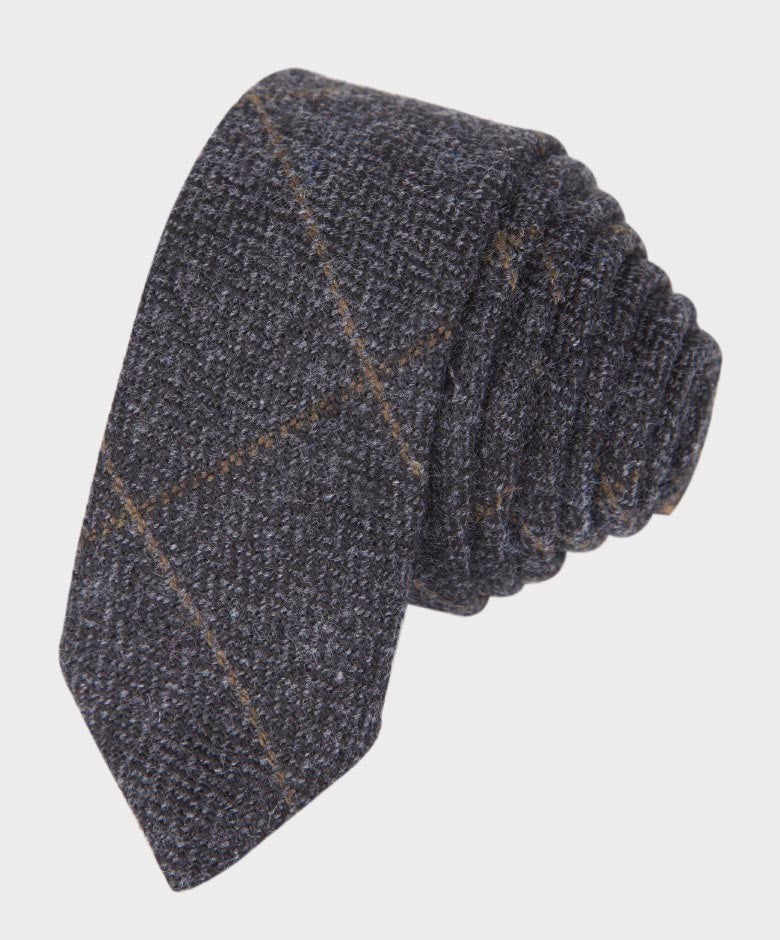 Boys Herringbone Tweed Windowpane Check Slim Tie & Hanky Set - Charcoal Grey