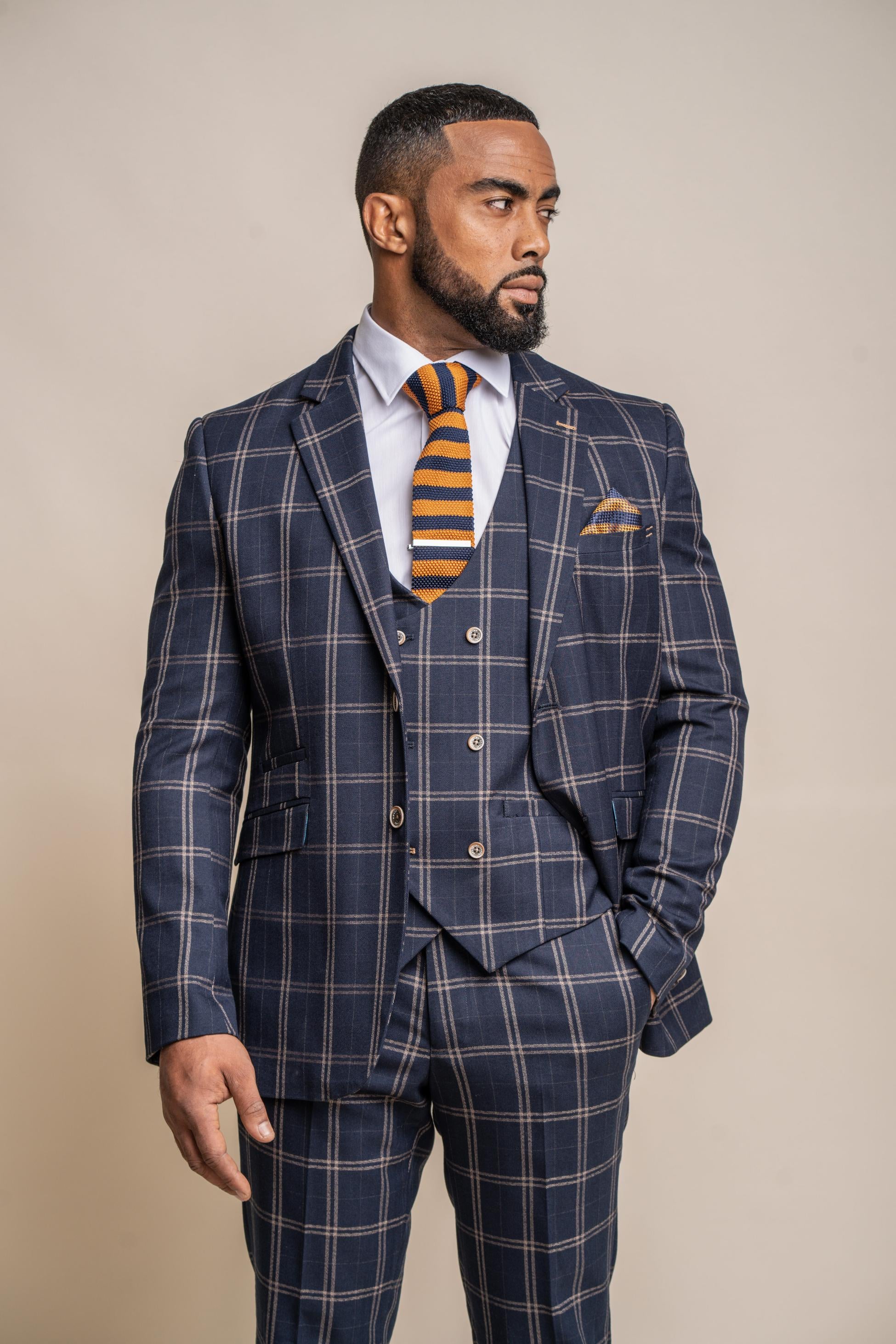 Men's Retro Check Navy Slim Fit Suit - HARDY - Navy Blue