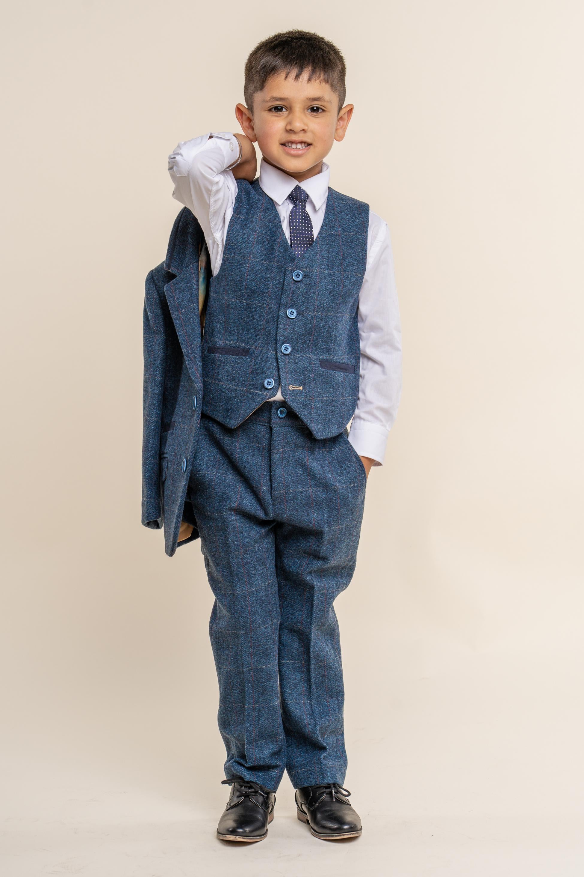 Boys Slim Fit Herringbone Tweed Blue Suit - CARNEGI - Navy Blue