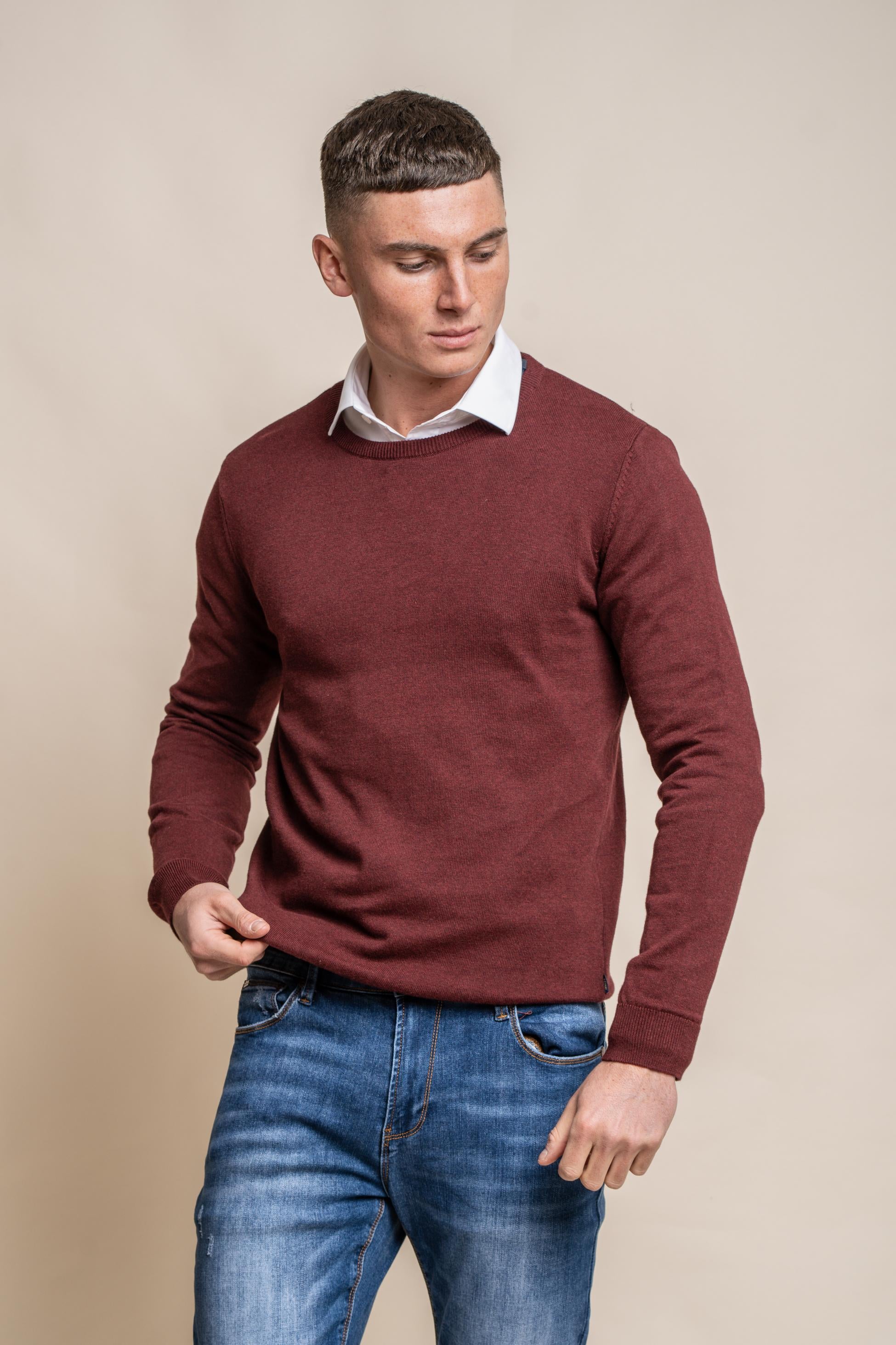 Men's Cotton Slim Fit Crewneck Jumper - Wine