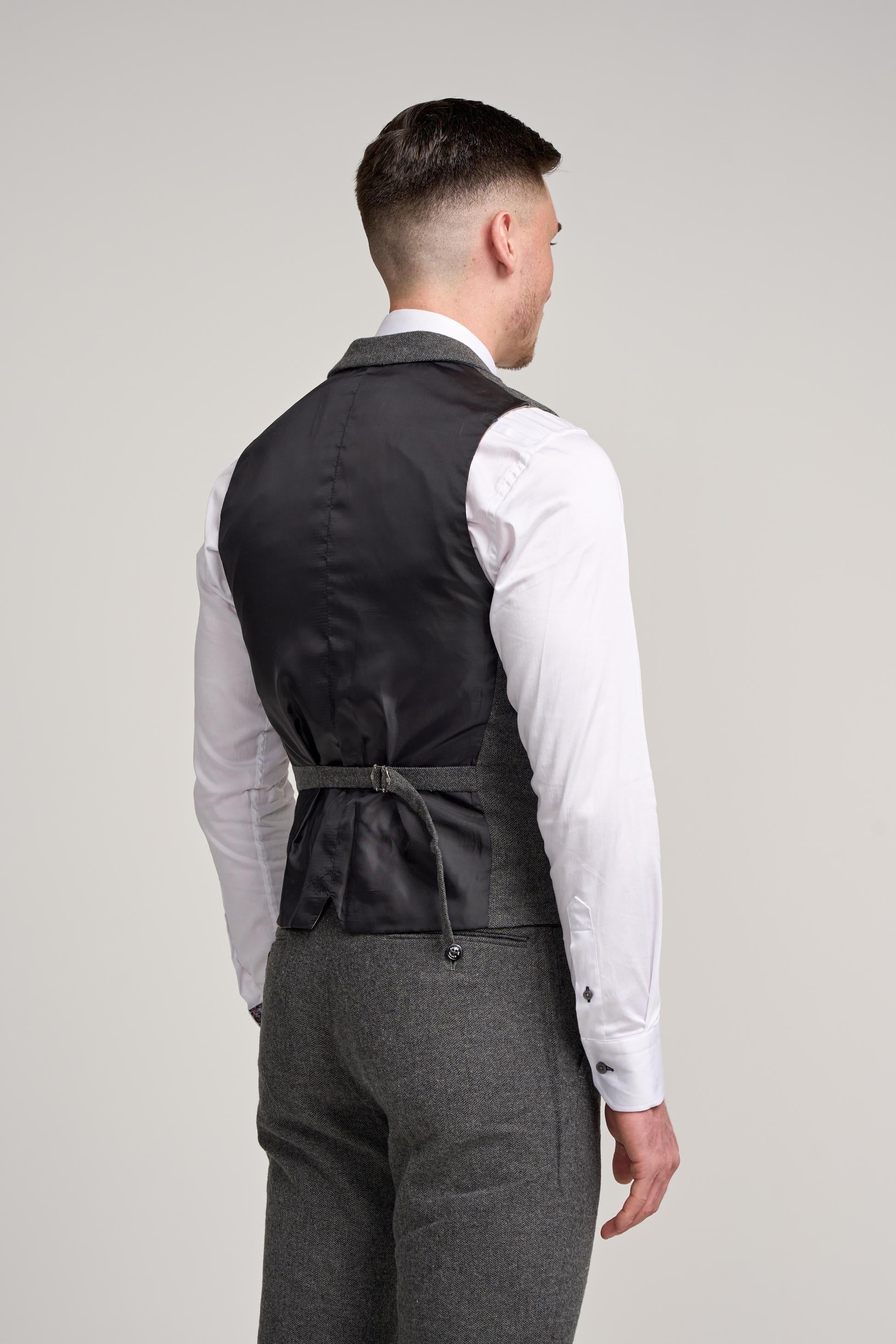 Men’s Grey Herringbone Tweed Waistcoat - COSMO - Grey