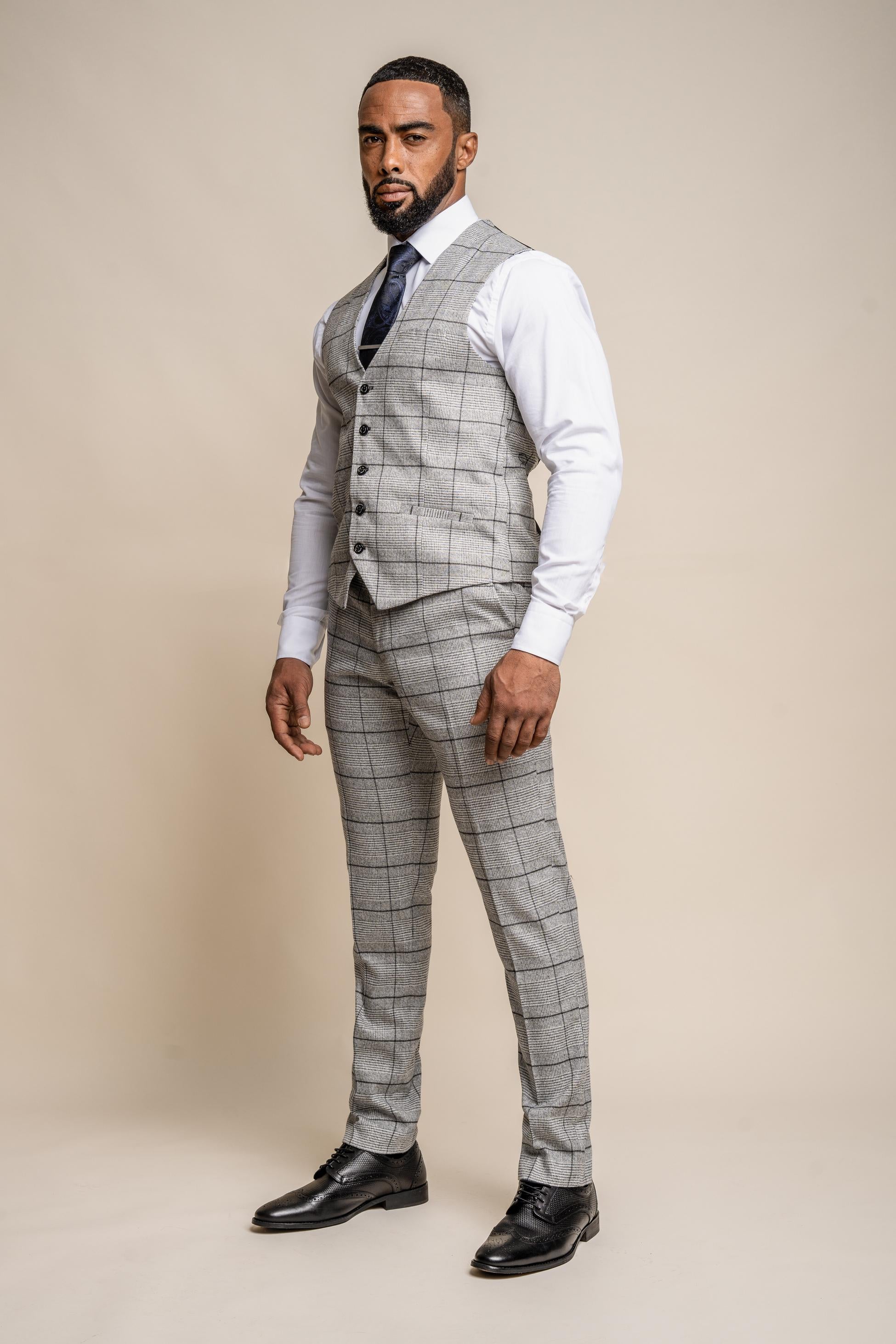 Men's Tweed Windowpane Check Waistcoat - GHOST Grey - Light Grey