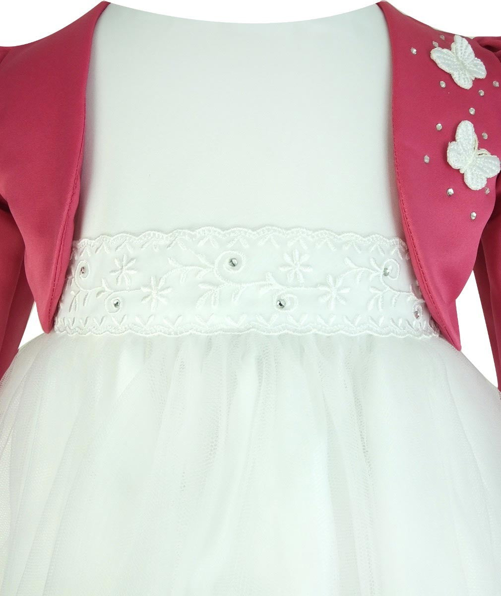 Girls Christening Wedding Dress with Butterfly Bolero Jacket - White - Pink