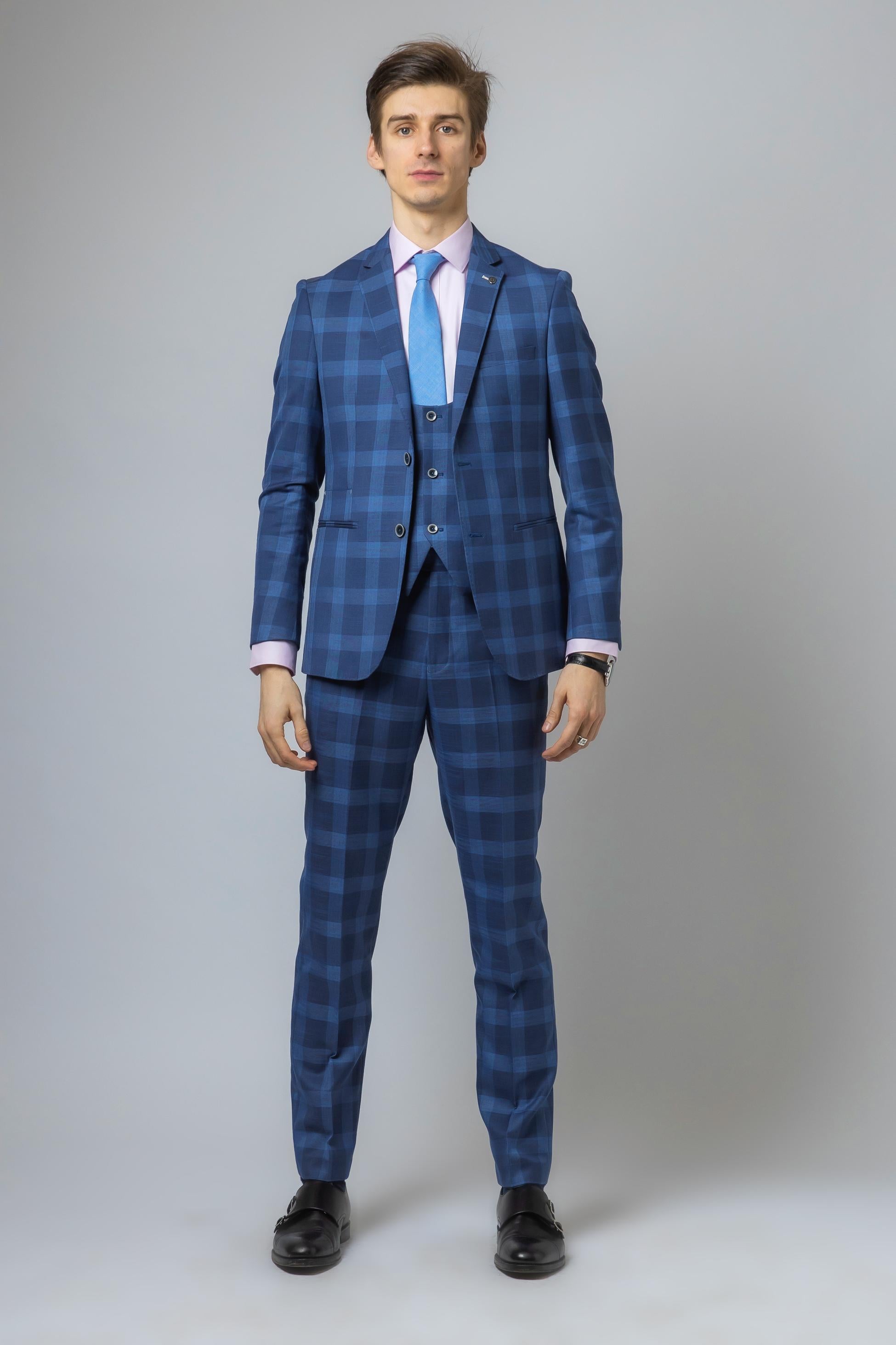 Men's Check Slim Fit Blue Suit Jacket - Hunter - Dark Blue