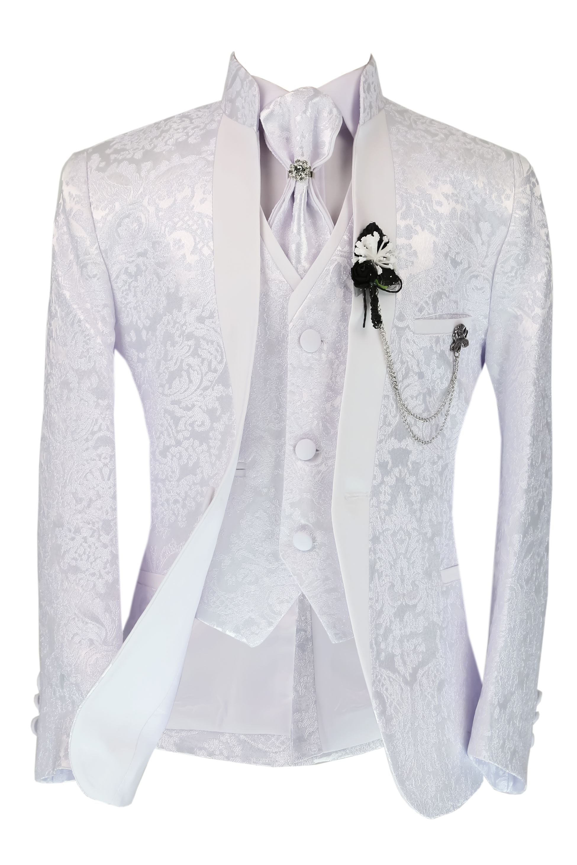 Boys Satin Lapel White Paisley Floral Tuxedo Suit Set - White