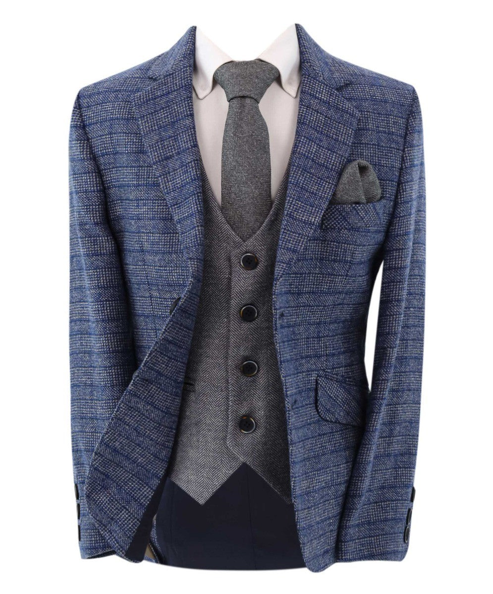 Boys Tweed Herringbone Blazer and Waistcoat Suit Set - Blue