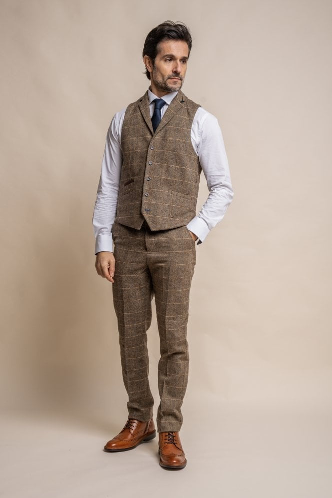 Men's Wool Blend Herringbone Check Waistcoat - Albert - Tan Brown