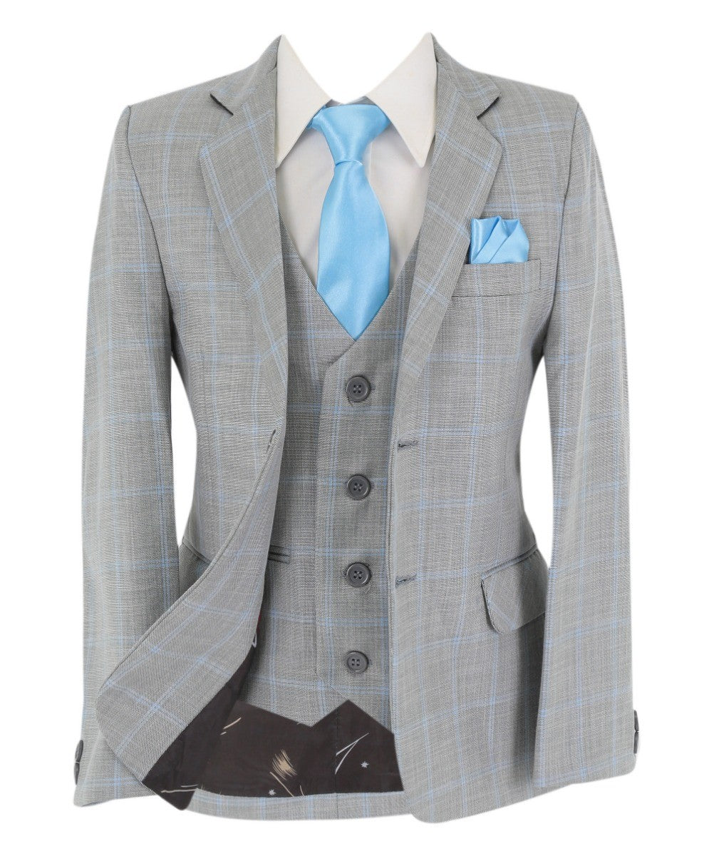 Boys Windowpane Check 6 Piece Suit Set - Grey